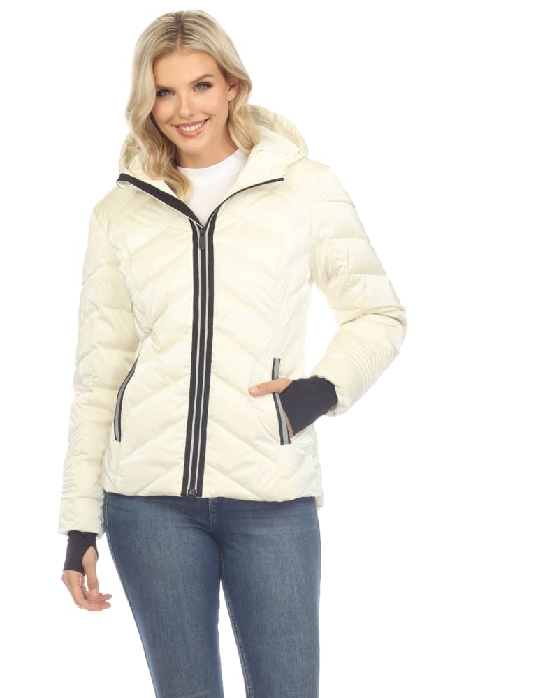 Women s Midweight Quilted Contrast With Thumbholes Hooded Jacket Whi